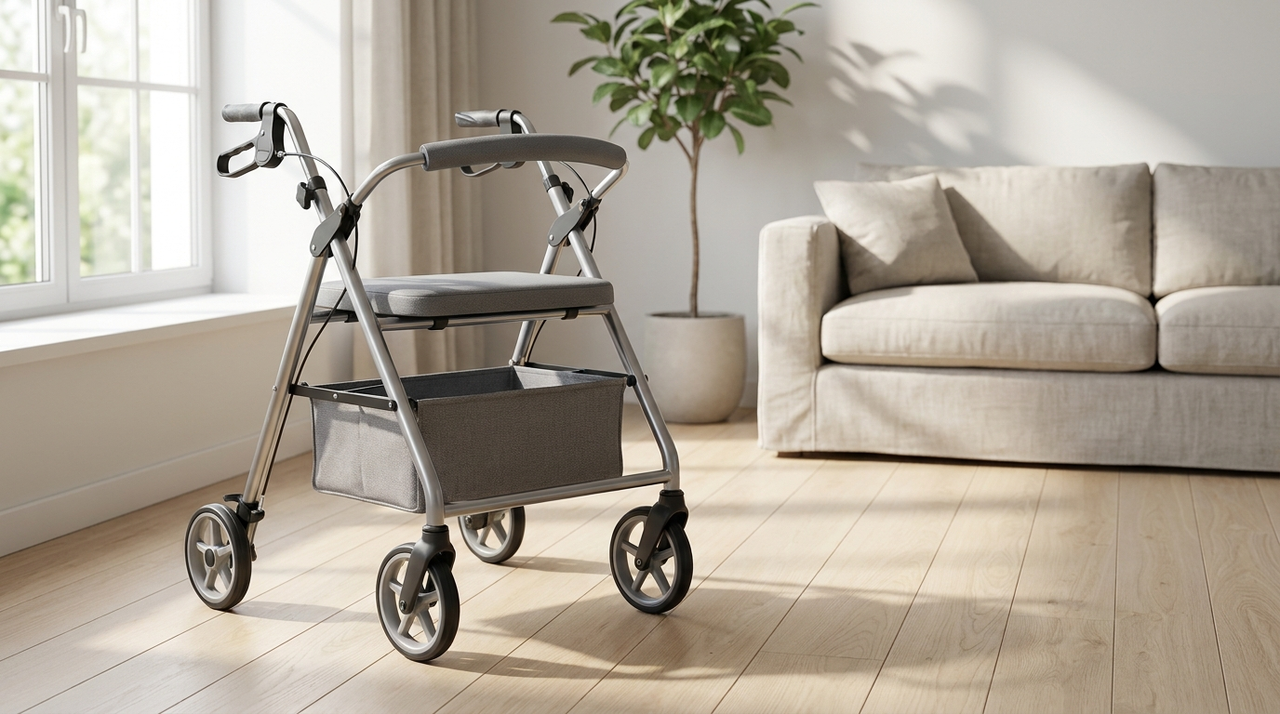 Rollator de aluminio con asiento y cesta en un interior luminoso