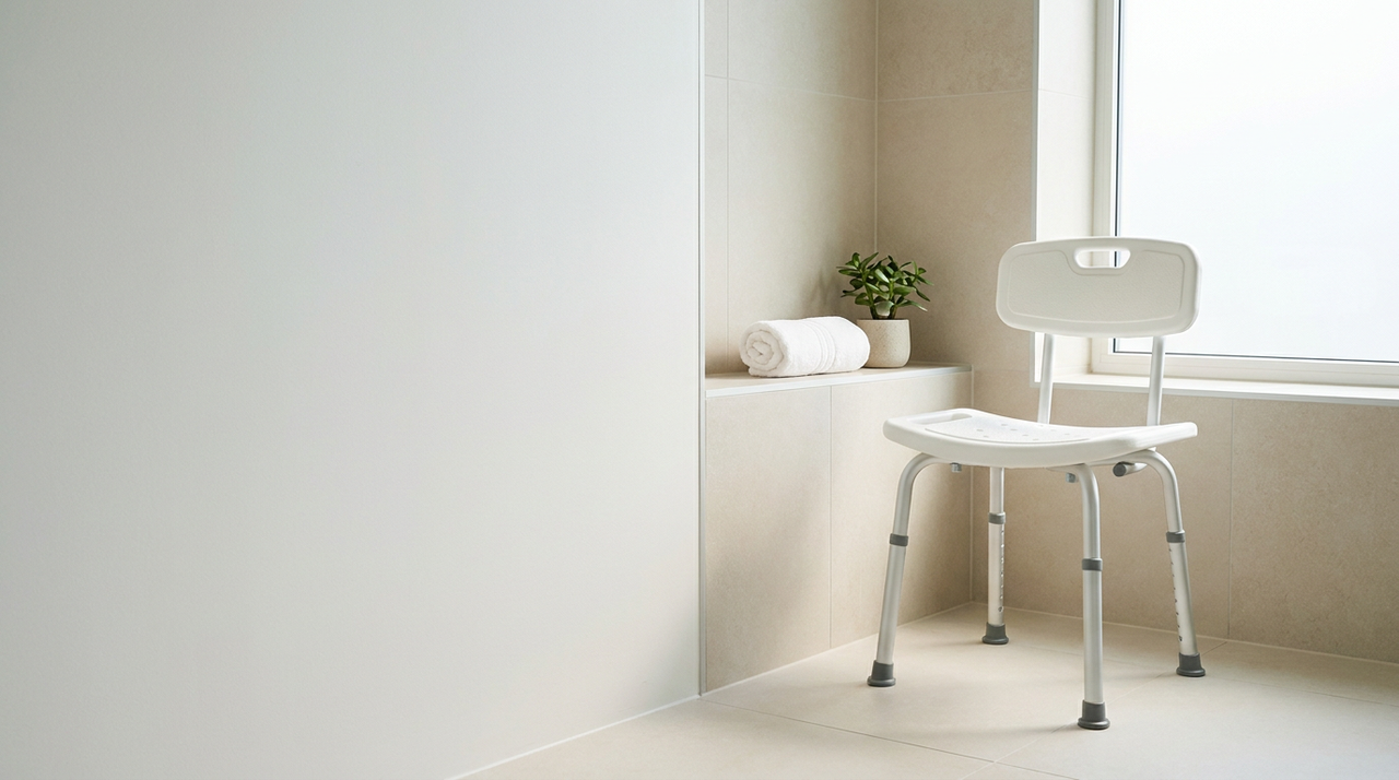 Silla de ducha con respaldo en un baño moderno y luminoso