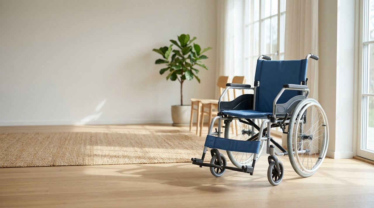 Silla de ruedas plegable ligera en un salón luminoso