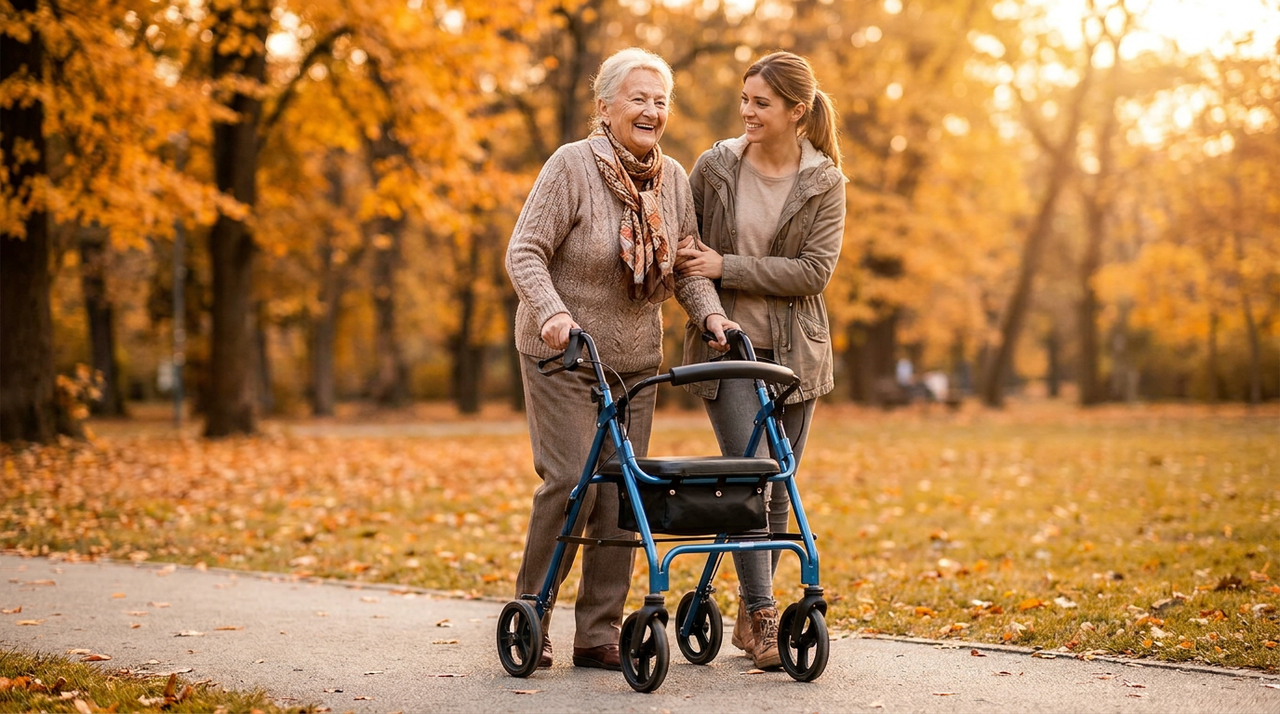 Persona mayor caminando con un andador rollator de cuatro ruedas con asiento en un parque