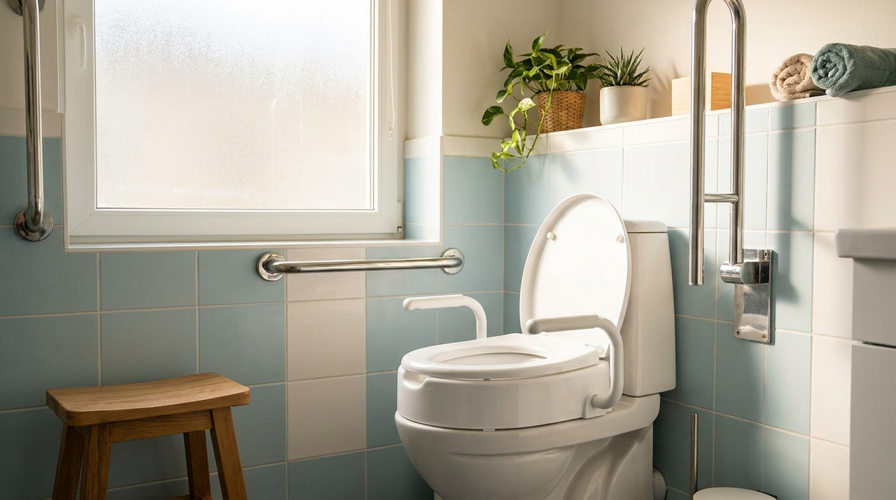 Alza elevador de WC con tapa y asideros en un baño accesible