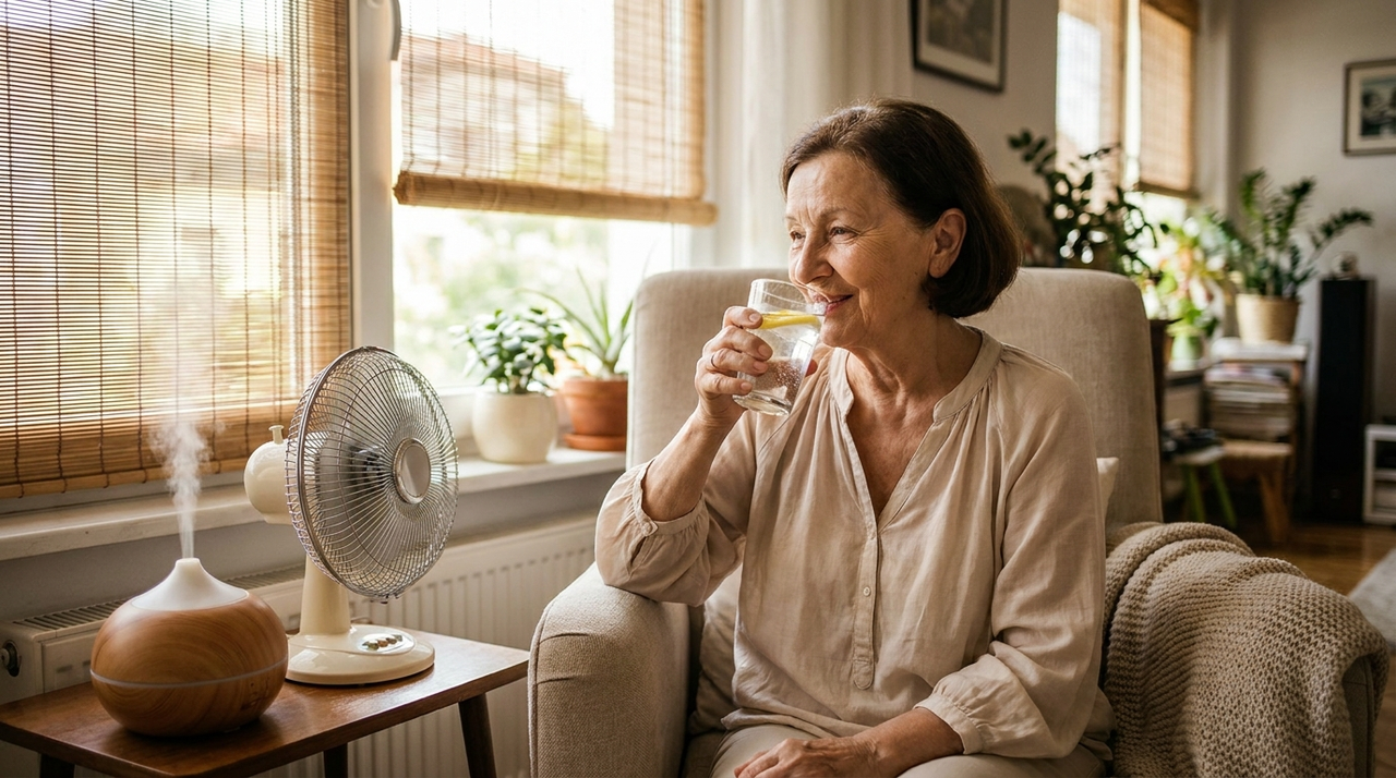 Persona mayor hidratándose y refrescándose en casa en verano